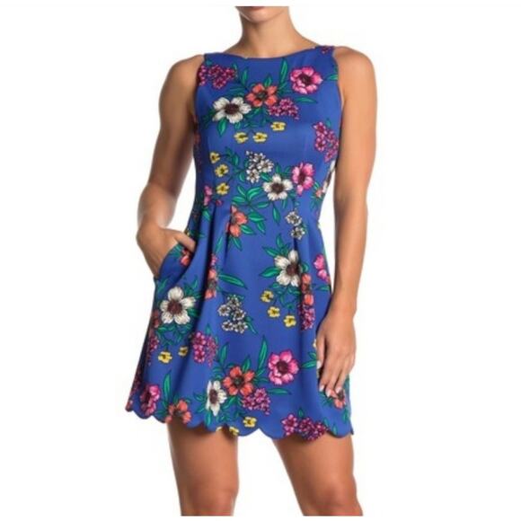 Vince Camuto Women’s 8 Royal Blue Floral Scalloped Mini Summer Dress Pockets - Picture 1 of 13